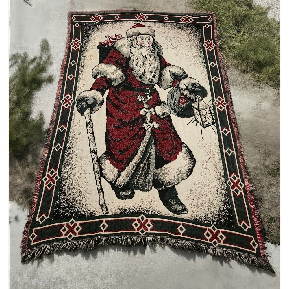 Vtg Old World Santa Beacon 100% Cotton Christmas Tapestry Throw Blanket 66 x 45